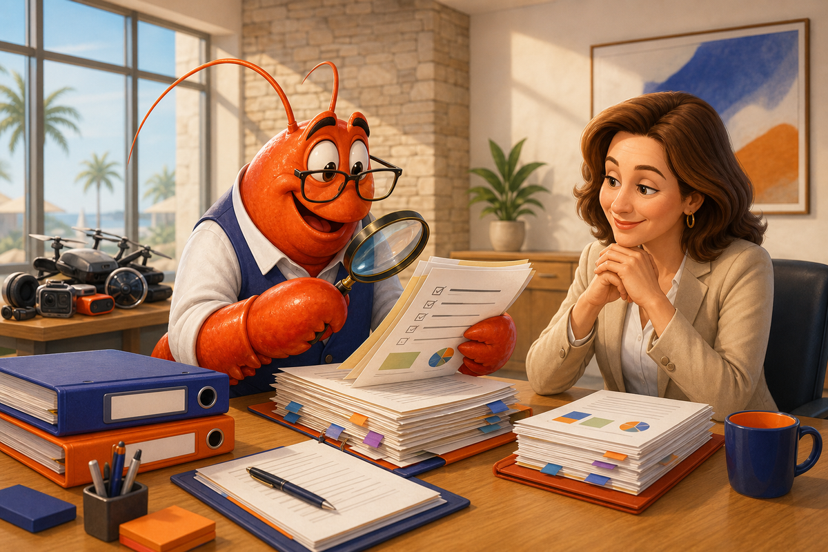 A friendly lobster in office clothes reviews a thick stack of real estate transaction documents with a magnifying glass while a broker watches at a conference table.