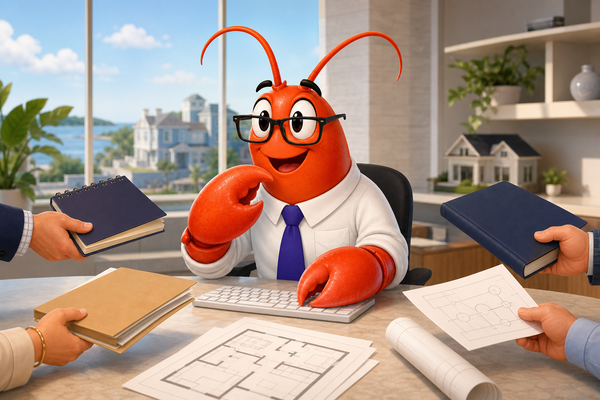 Silk, a cheerful red-orange lobster in glasses and a tie, listens at a keyboard while three advisers share real-estate plans and notebooks around a sunny office table.