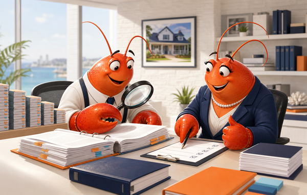 Two friendly lobster office workers review a thick real-estate transaction file and checklist together in a bright brokerage office.