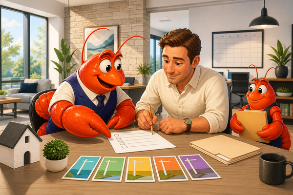 A human broker and two friendly lobster assistants review a transaction checklist and handoff zone in a bright real-estate office.